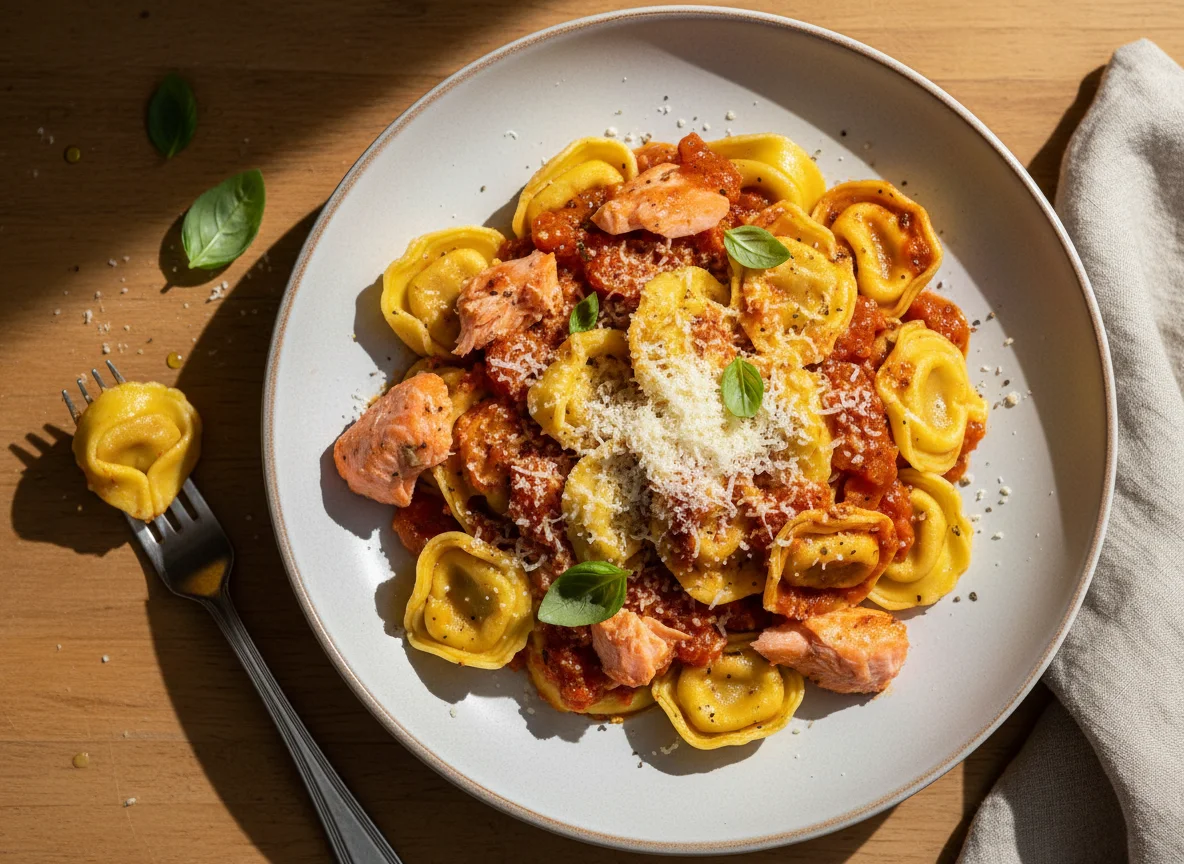 Tortellini com salmão e molho de tomate photo
