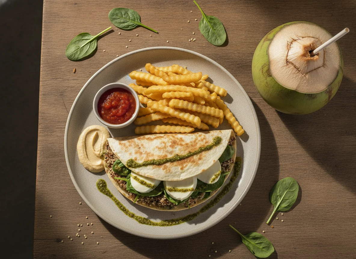Tortilha de espinafre vegetariana com batatas fritas e água de coco photo