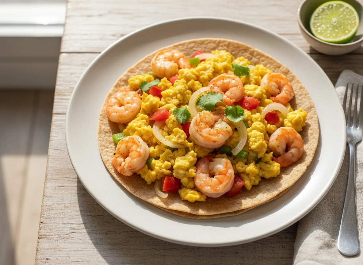 Tortilla com ovos mexidos e camarão photo