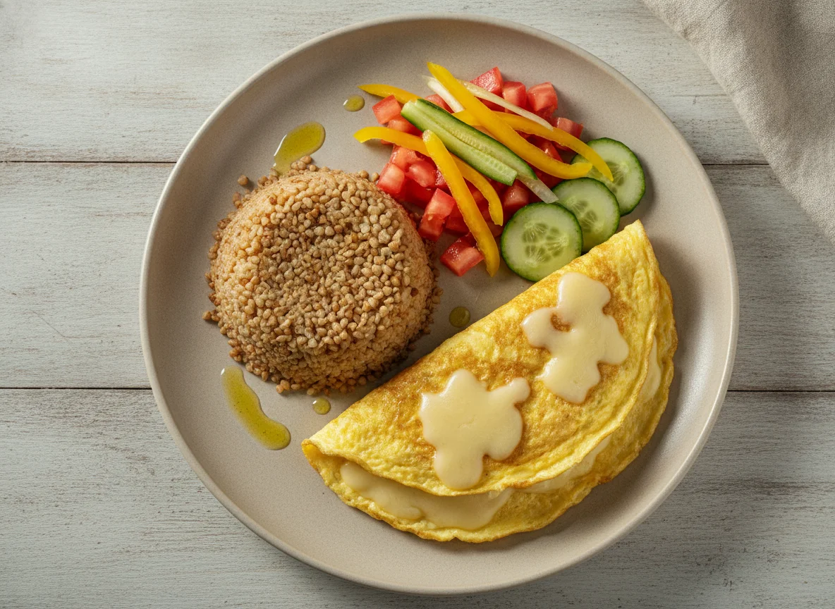 Trigo sarraceno com omelete e salada mista photo