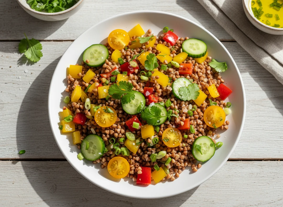 Trigo sarraceno com salada de pimentões e pepino photo