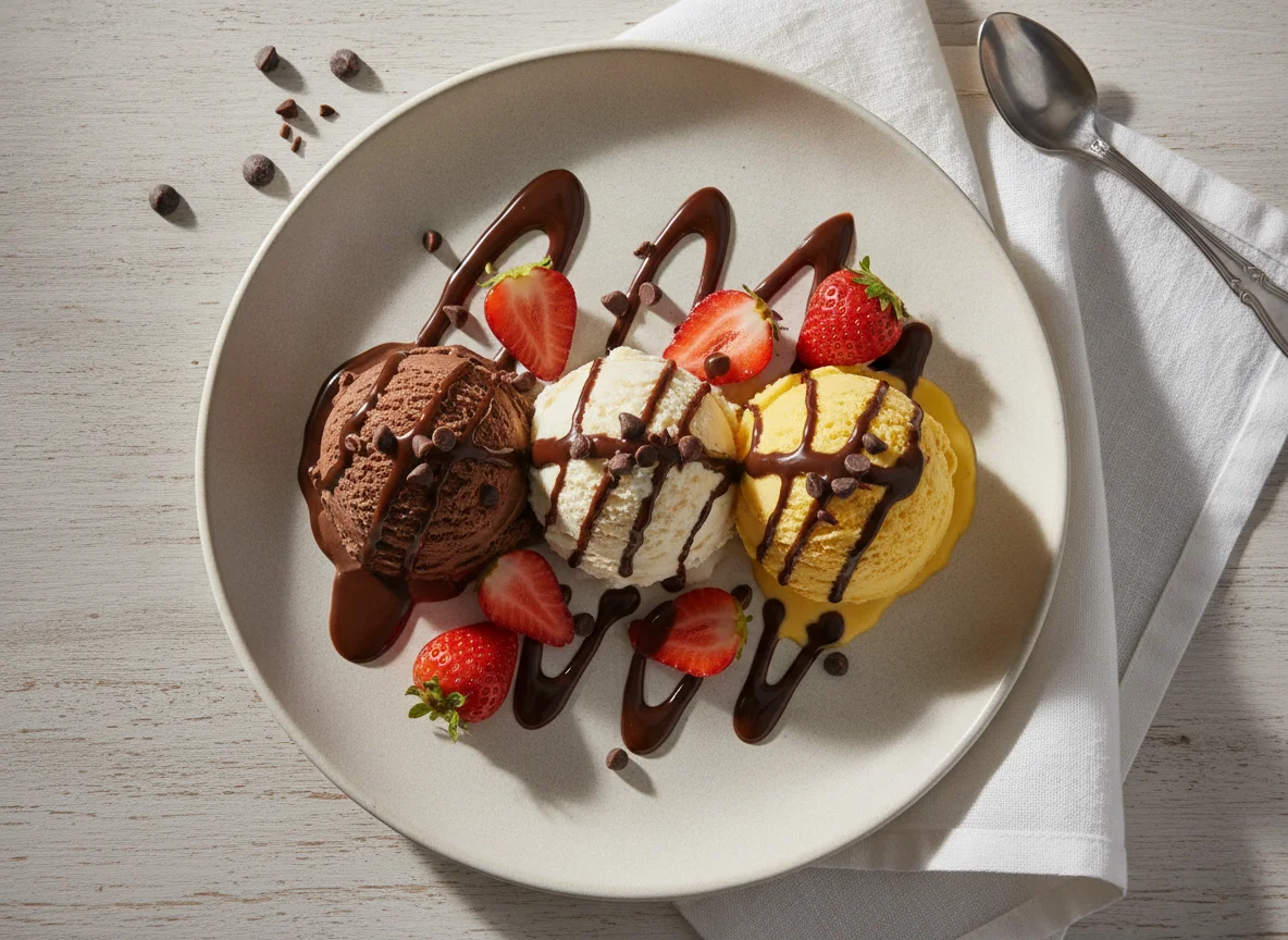 Trio de Sorvetes com Morango e Calda de Chocolate photo