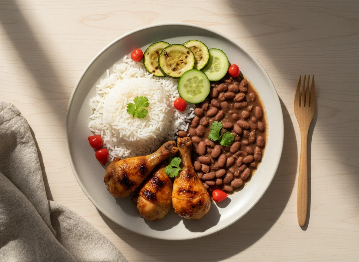 Tulipa de frango com arroz, feijão e legumes photo