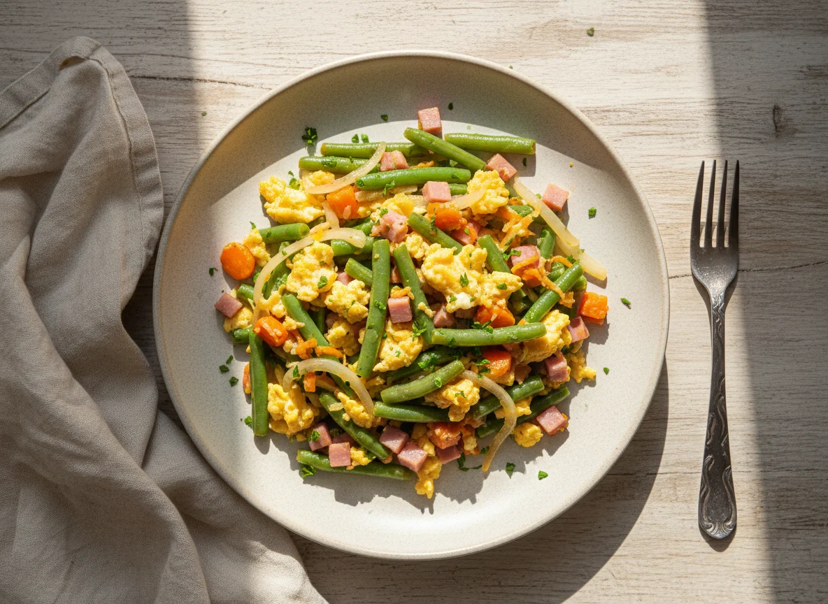 Vagem refogada com ovos e cenoura photo