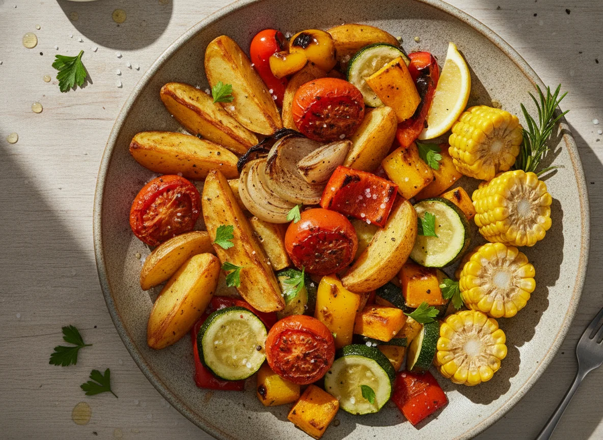 Vegetais Assados e Milho Cozido photo
