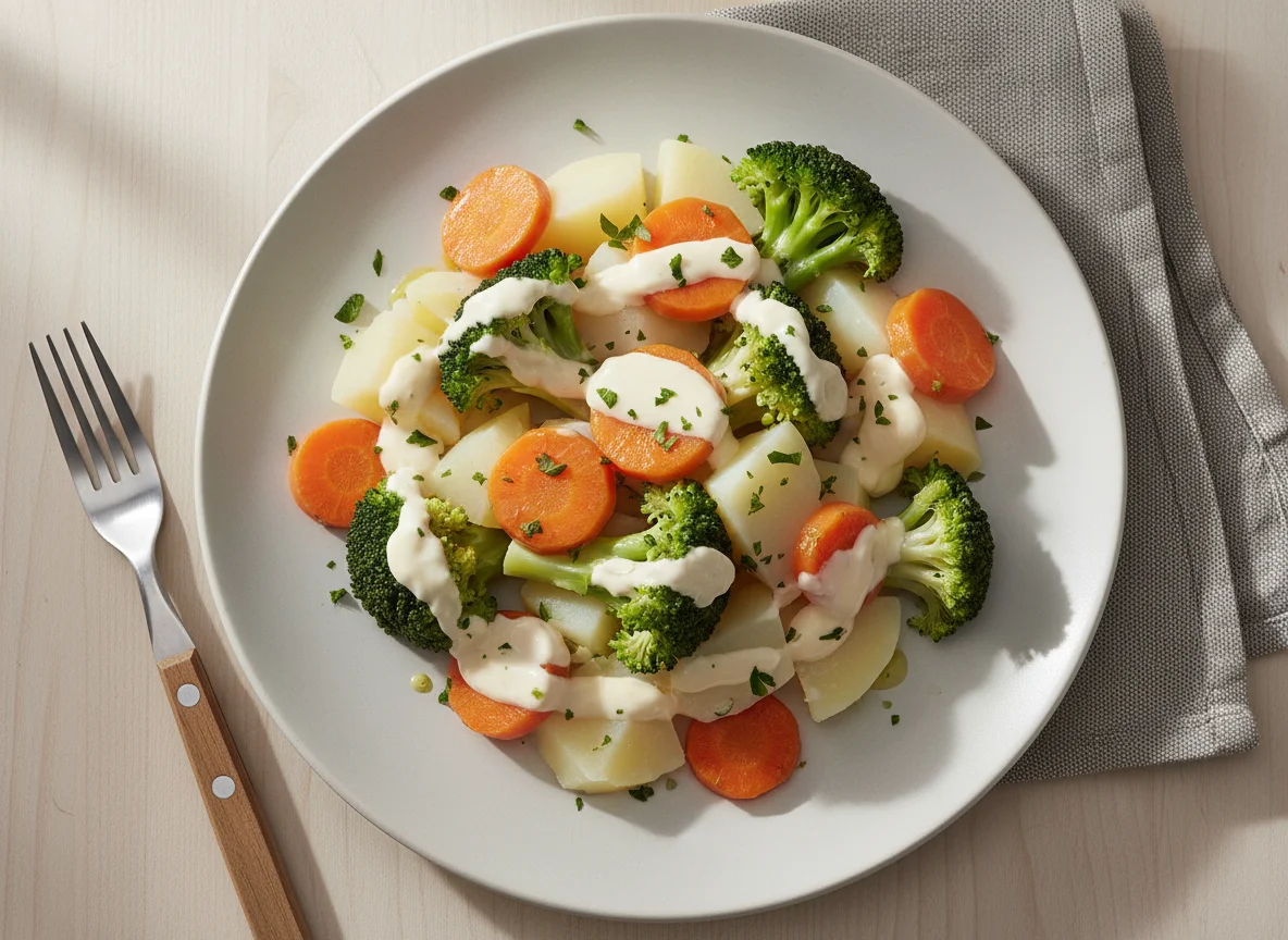 Vegetais cozidos com molho photo