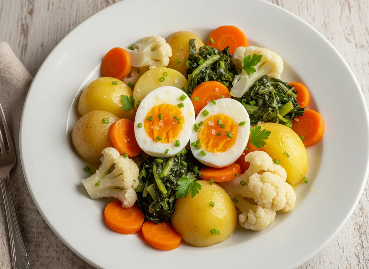 Vegetais cozidos com ovos photo