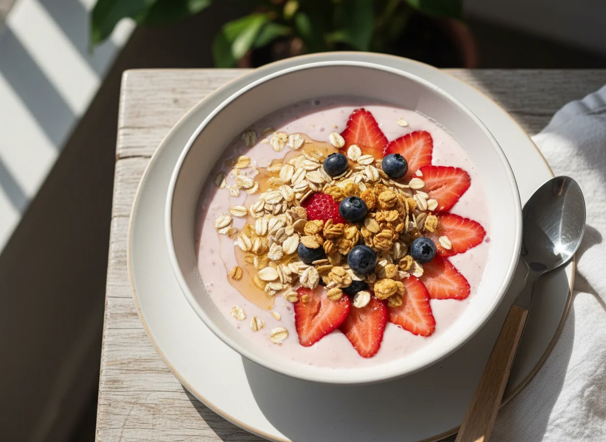 Vitamina de leite desnatado com aveia e frutas photo