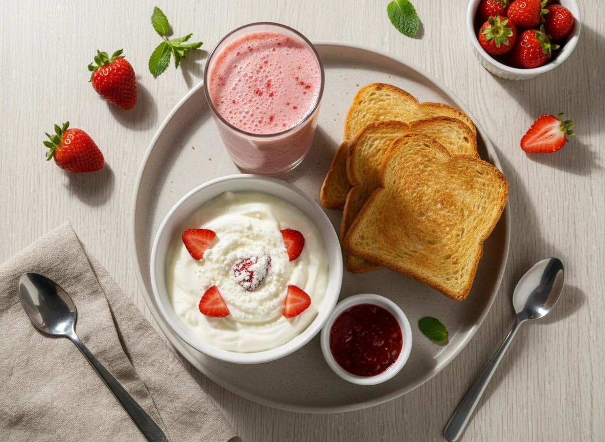 Vitamina de morango, Whey protein e iogurte natural zero lactose e torrada photo