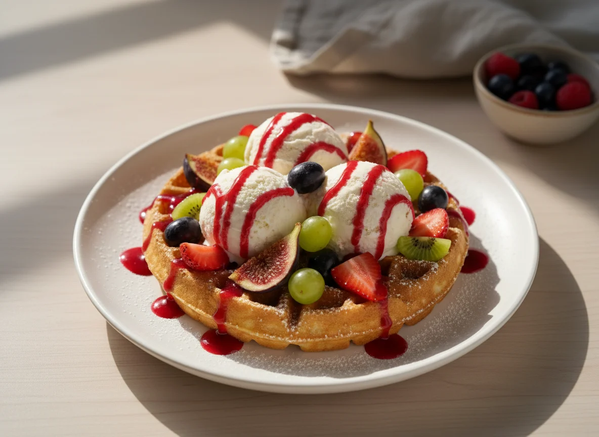 Waffle com fruta e gelado photo