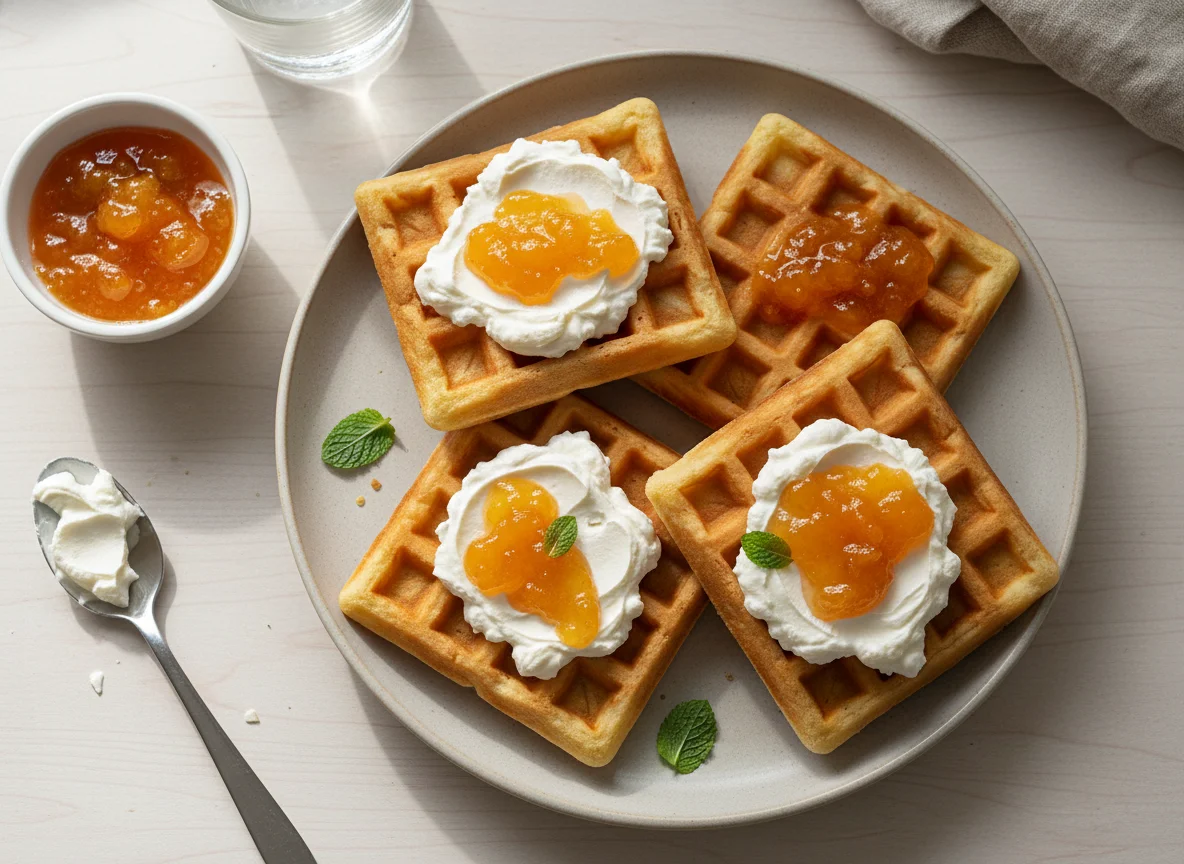 Waffles com cream cheese e geleia de pêssego photo