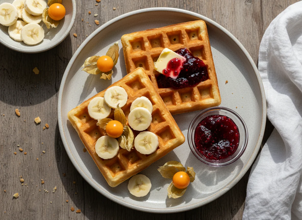 Waffles com frutas e acompanhamentos photo