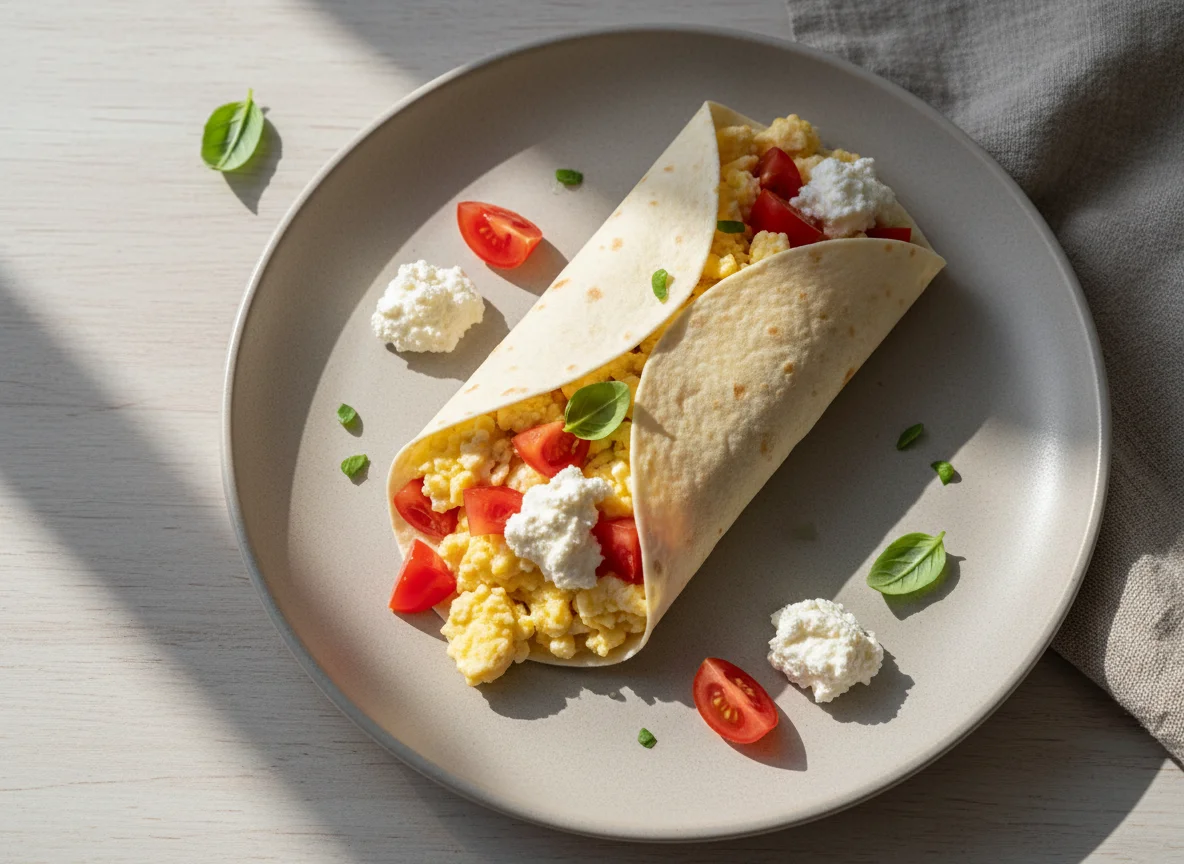Wrap com ovos mexidos, tomate e creme de ricota photo