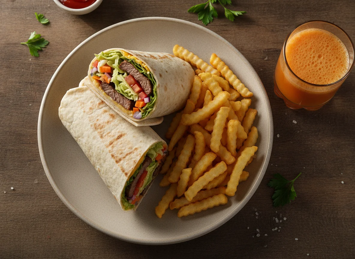 Wrap de Carne com Batatas Fritas e Suco photo