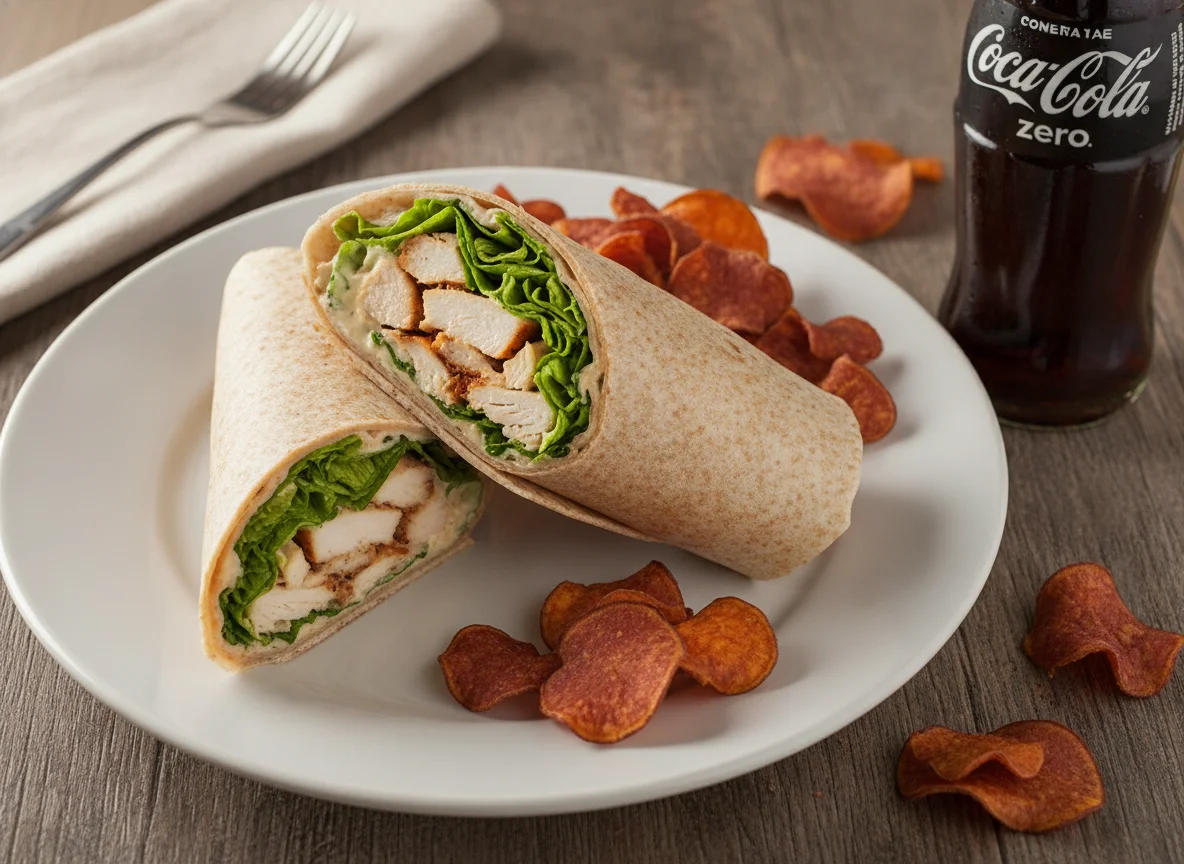 Wrap de frango com chips de batata doce e Coca Zero photo