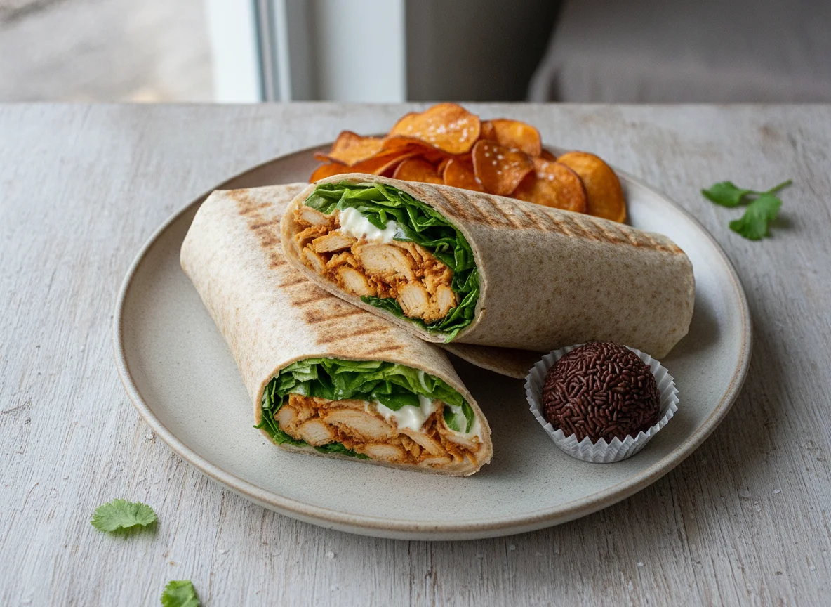 Wrap de frango com chips de batata doce e sobremesa photo