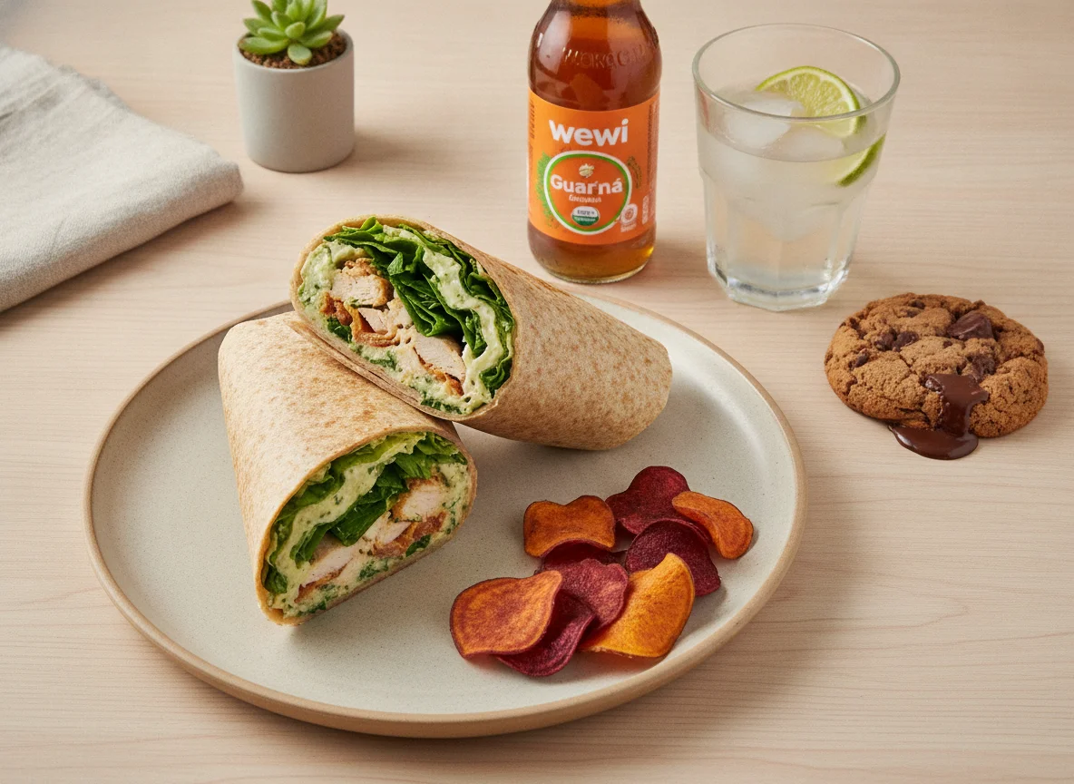 Wrap de frango com chips de raízes, cookie e refrigerante orgânico photo