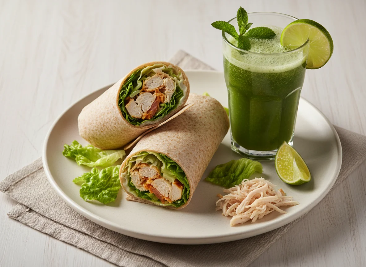 Wrap de frango com salada e suco verde photo