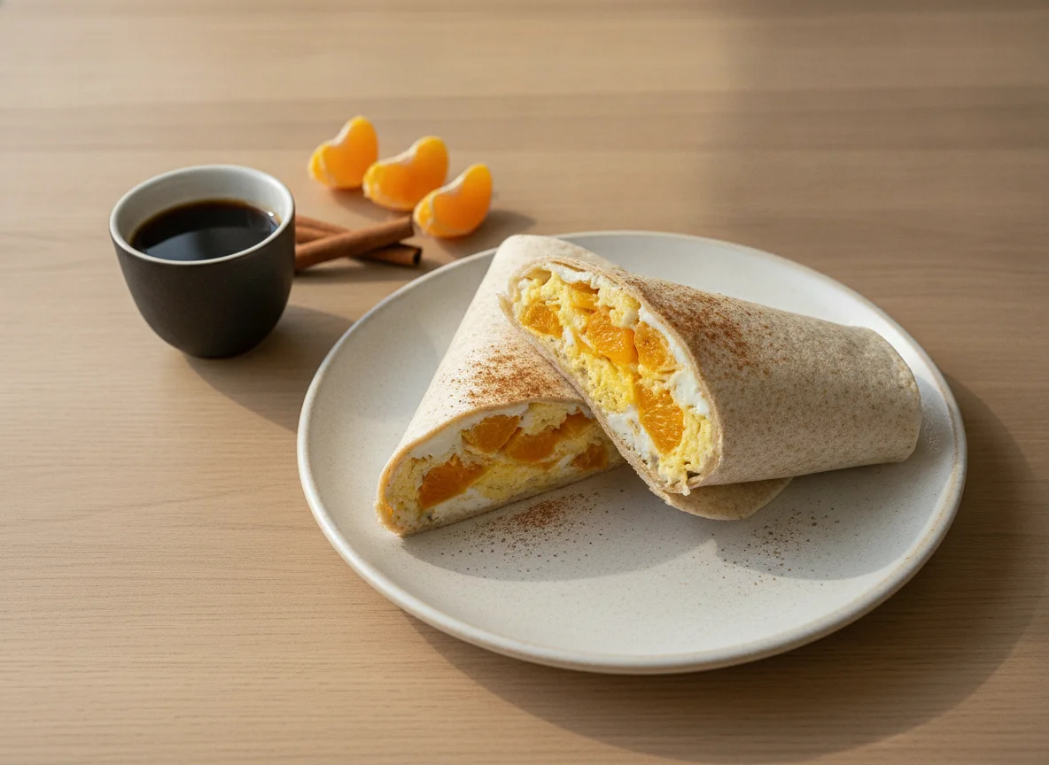 Wrap de ovos mexidos com laranja, requeijão e café photo