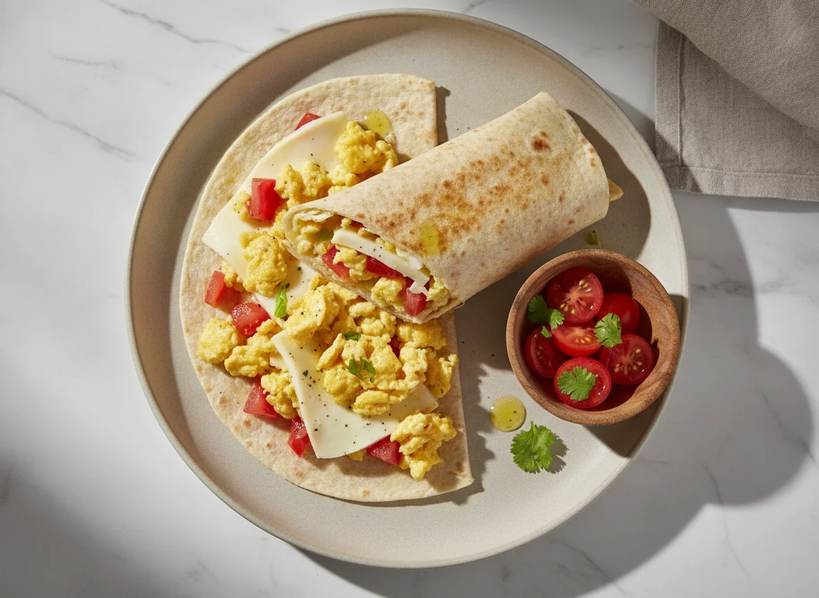 Wrap de ovos mexidos com tomate e queijo photo