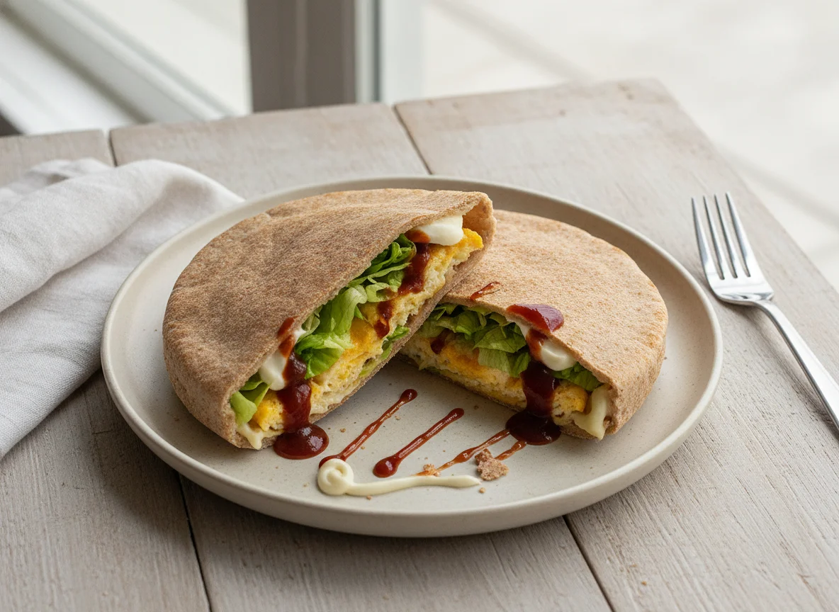 Wrap de pão sírio integral com ovos mexidos e alface photo