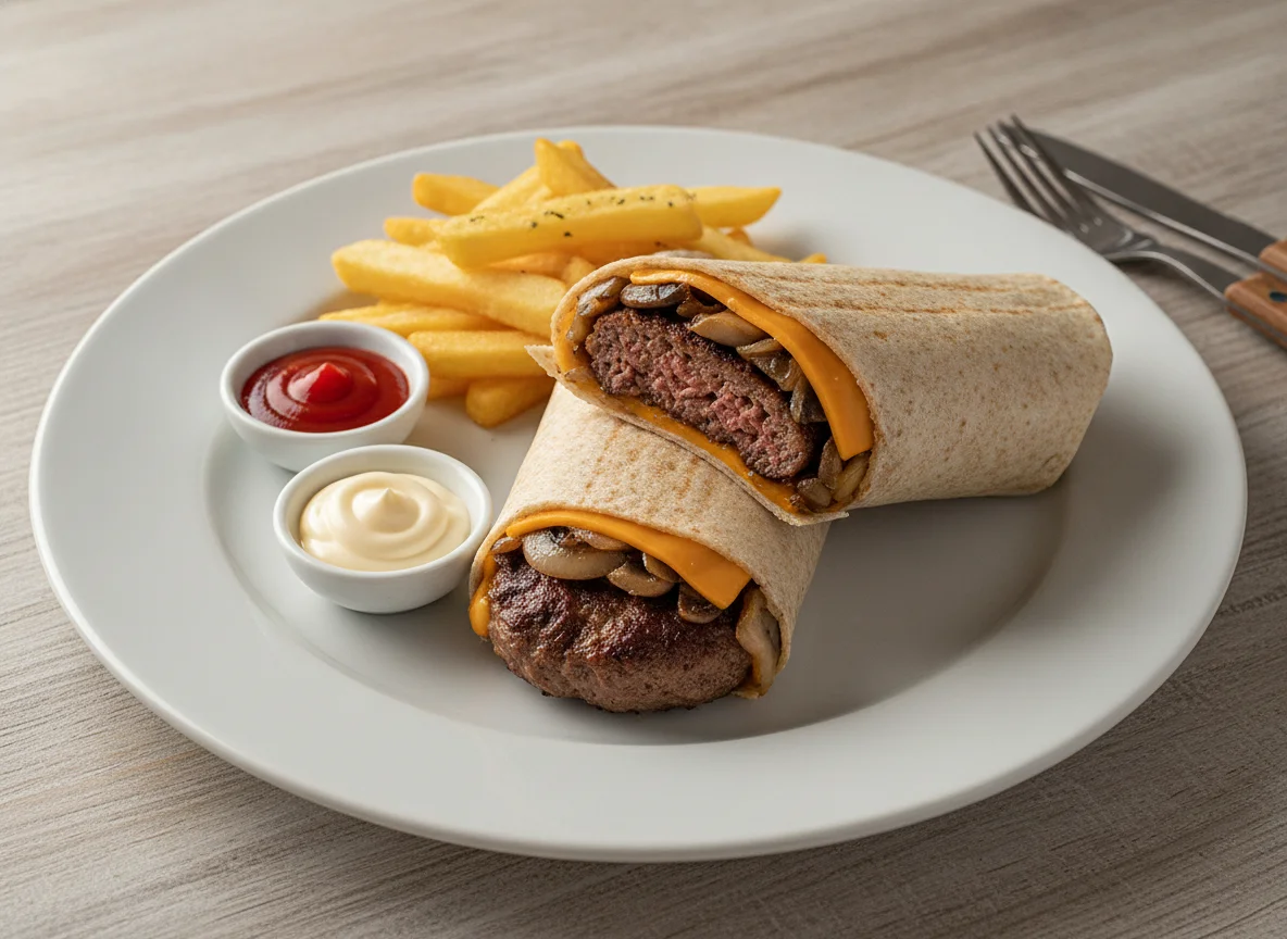 Wrap de Rap10 com hambúrguer, cogumelos, cebola e batata frita photo