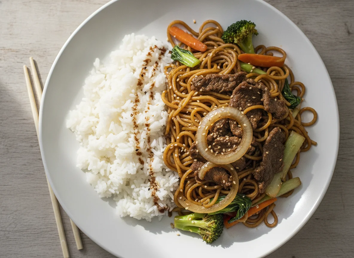 Yakisoba com arroz e carne acebolada photo