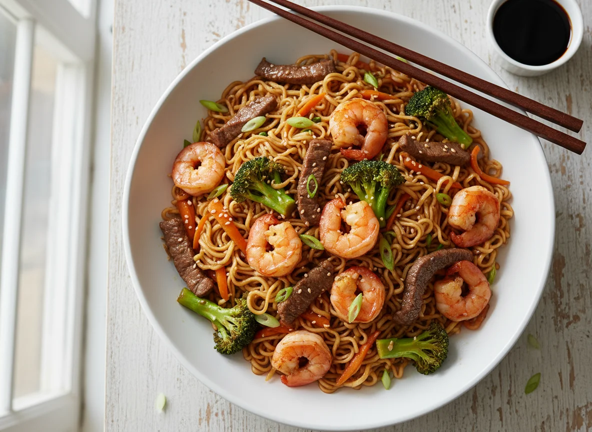 Yakisoba com Camarão e Carne photo