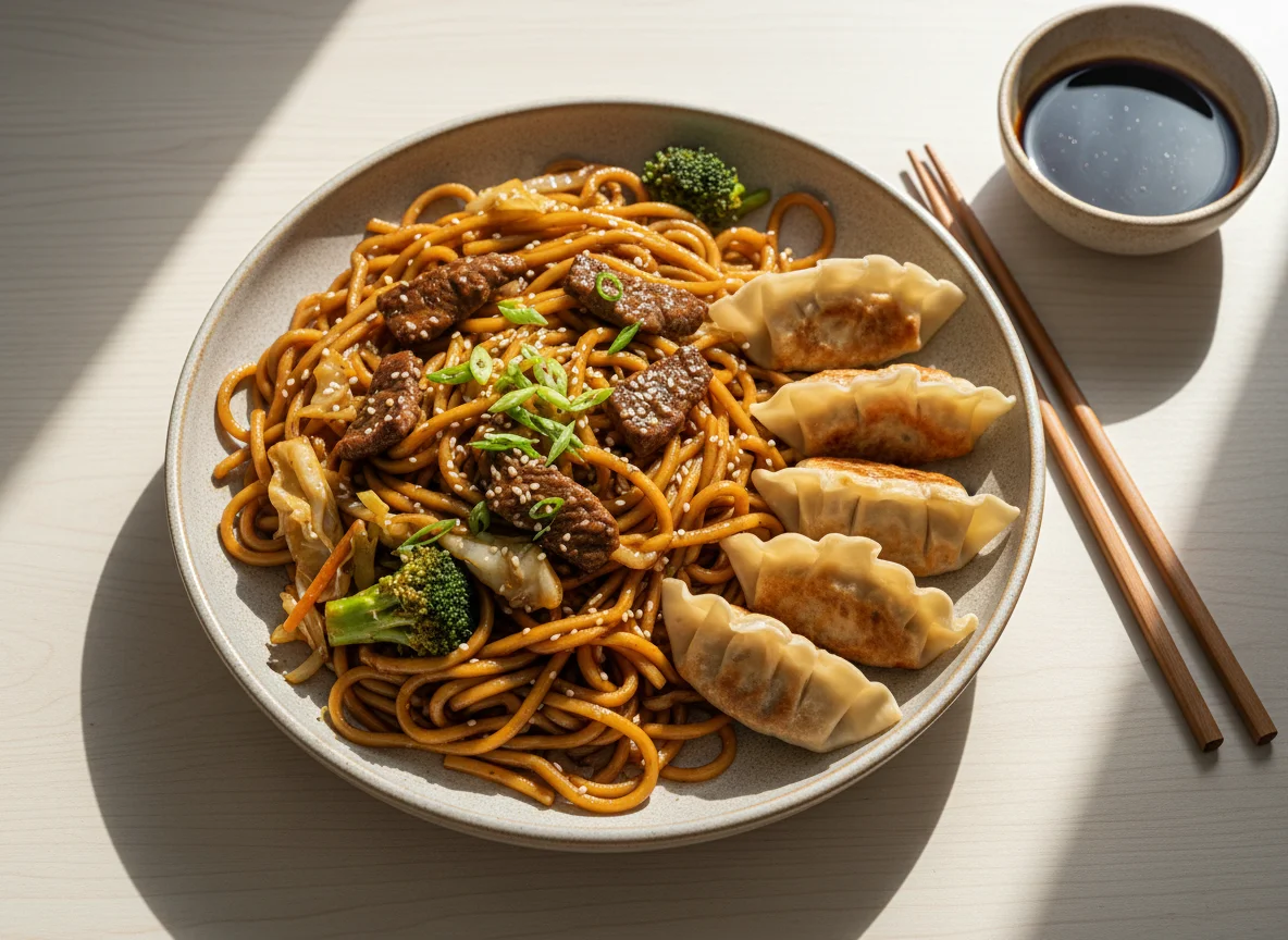 Yakisoba com carne e guioza photo
