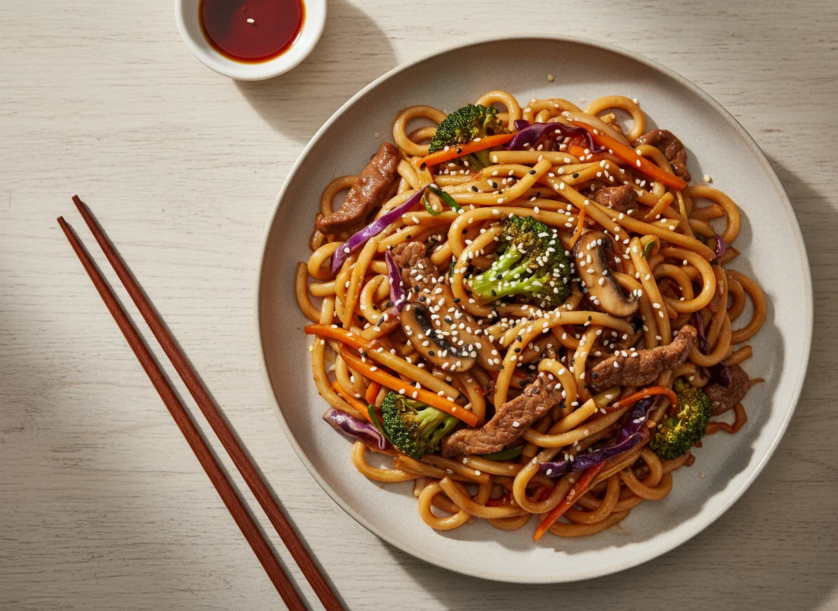 Yakisoba com legumes e carne photo