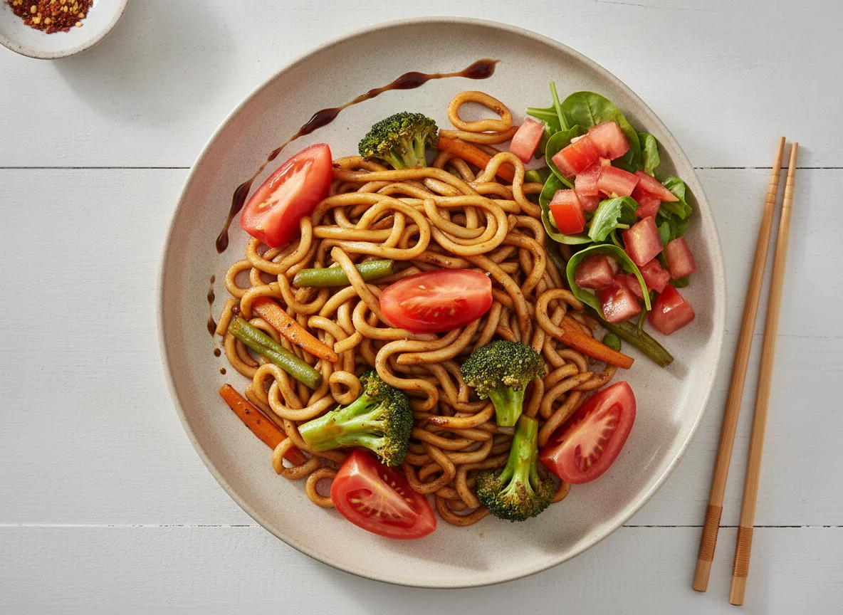 Yakisoba com salada de tomate photo