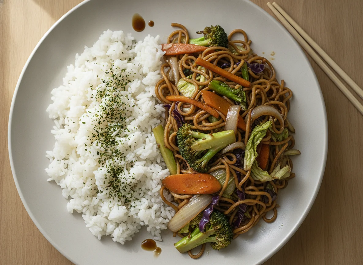 Yakisoba de legumes com arroz branco photo
