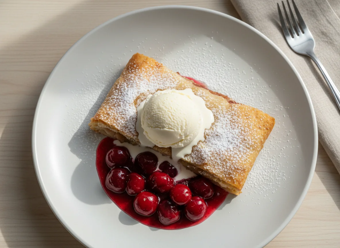 Яблочный штрудель с мороженым и вишневым соусом photo