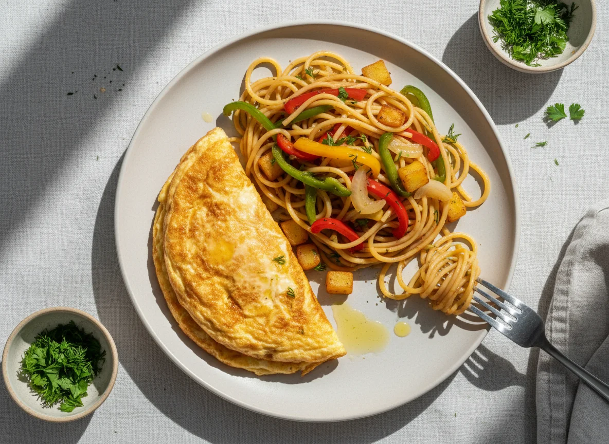 Яичница и спагетти с овощами photo