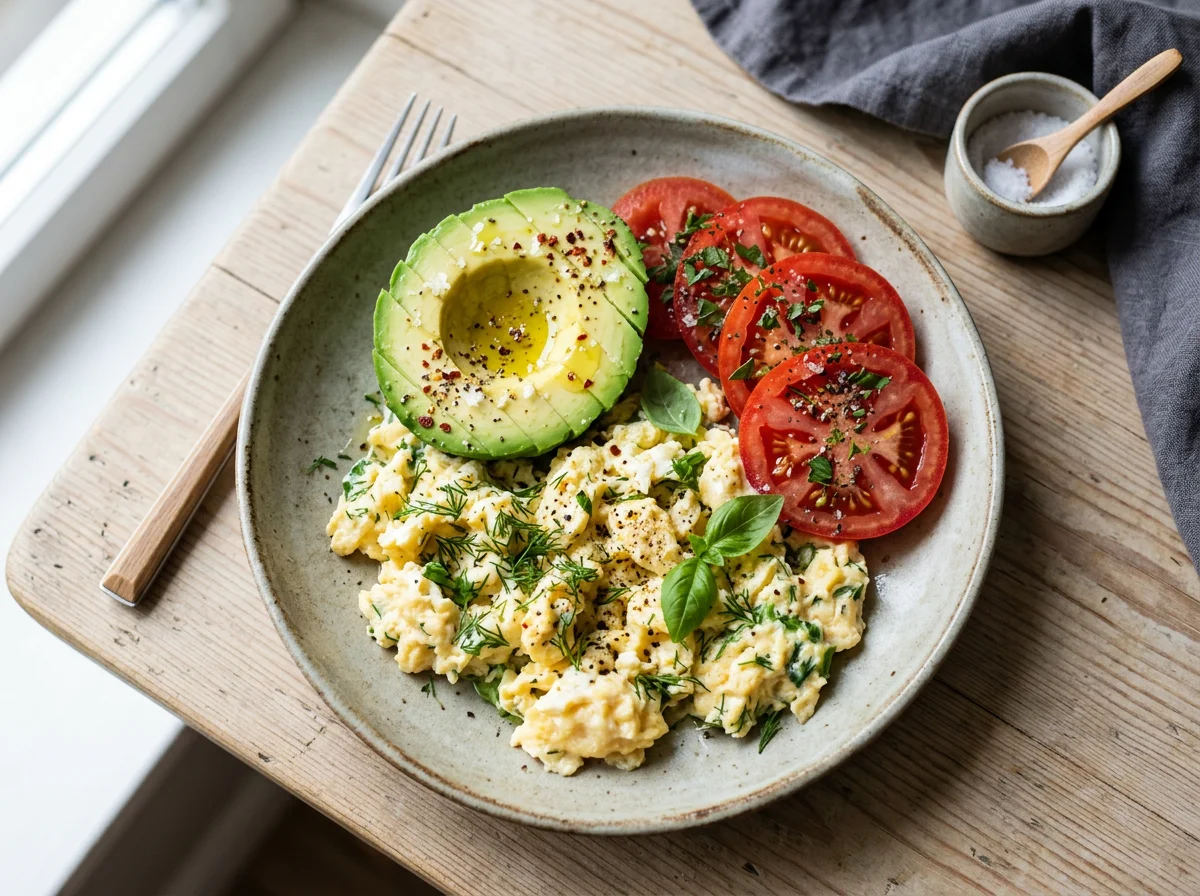 Яичница с авокадо и помидорами photo