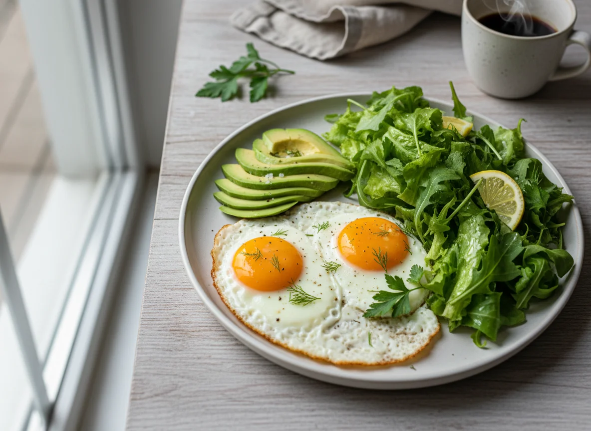 Яичница с авокадо и салатом photo