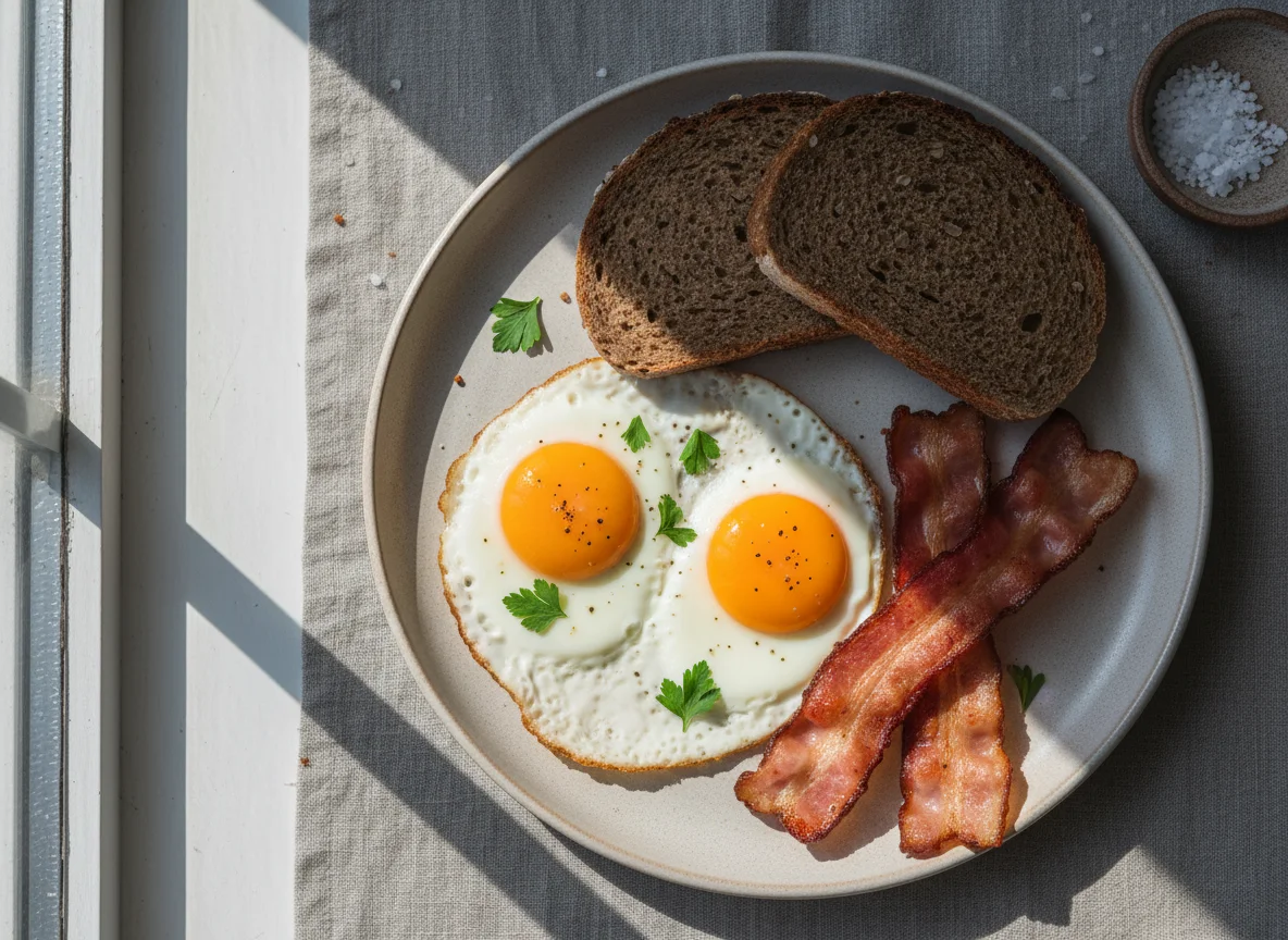 Яичница с беконом и хлебом photo