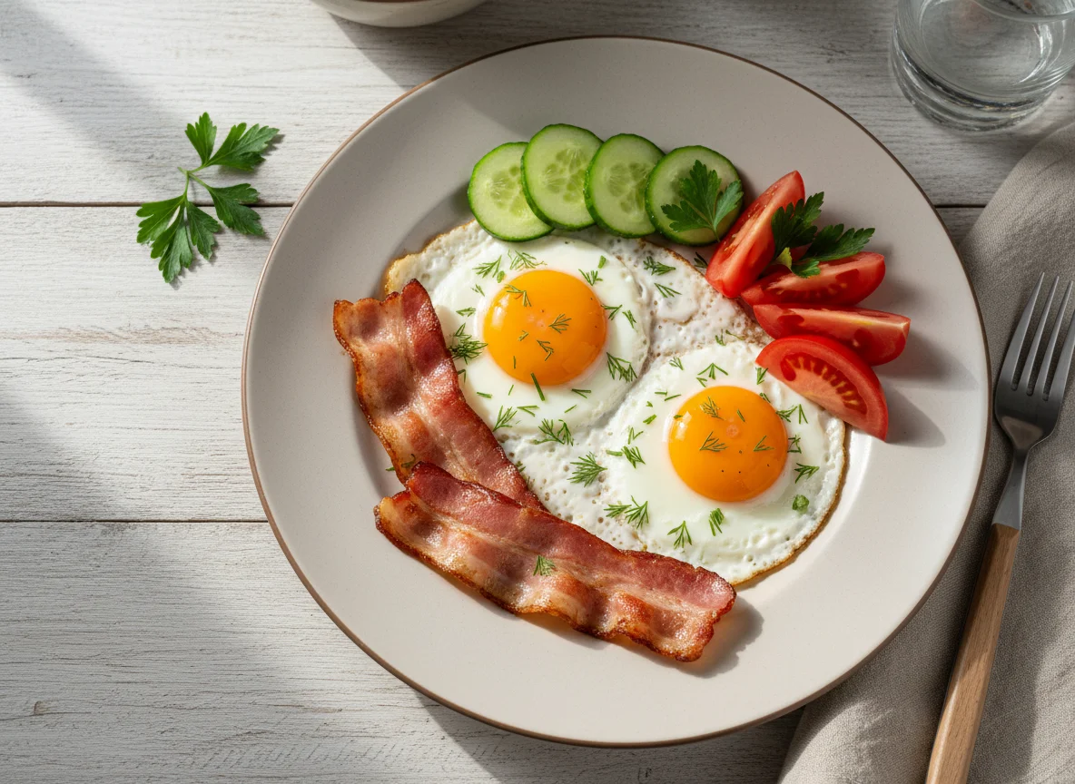 Яичница с беконом и овощами photo