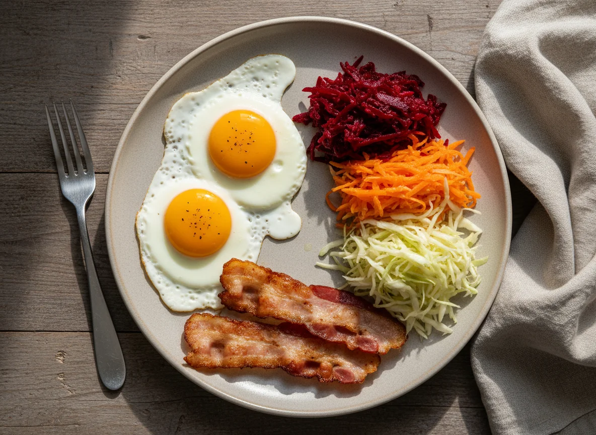 Яичница с беконом и овощным салатом photo