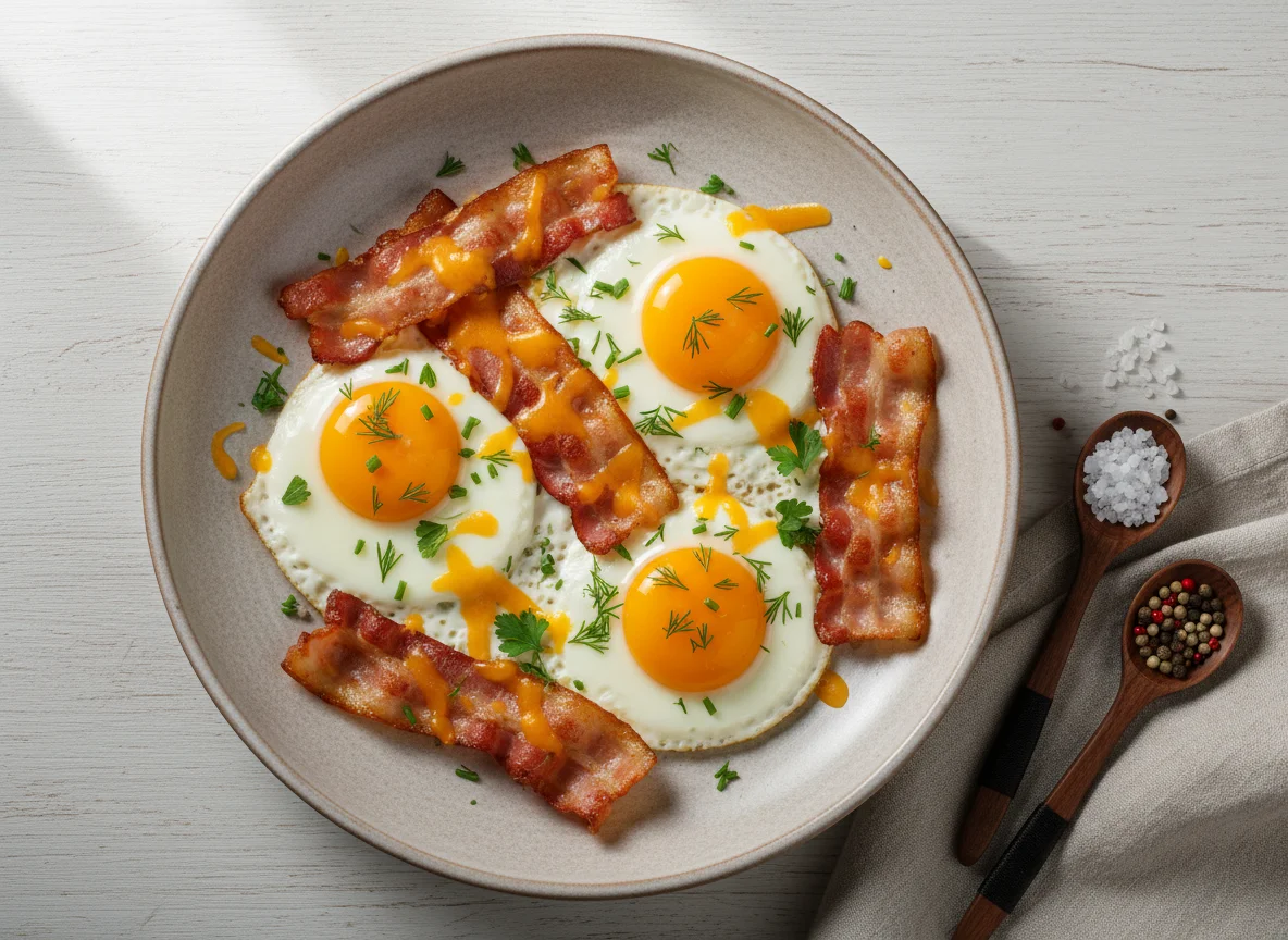 Яичница с беконом и сыром photo
