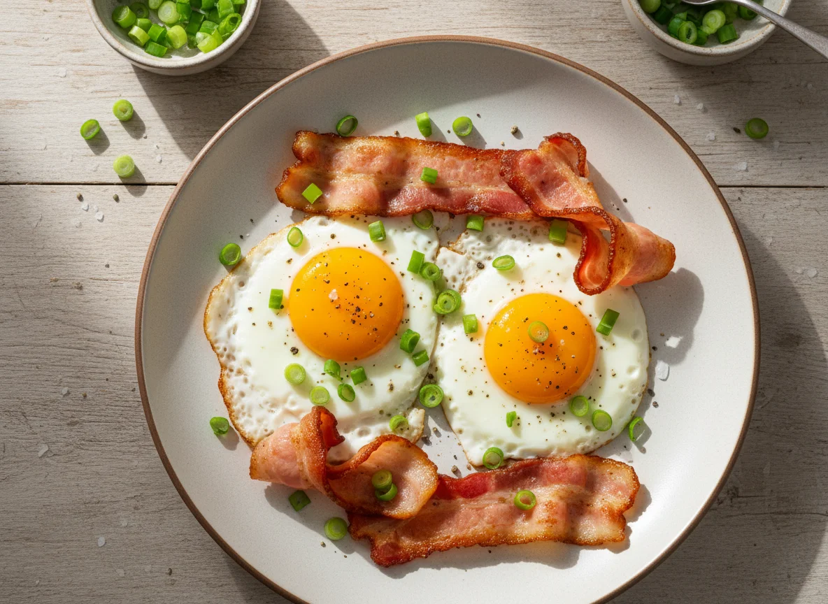 Яичница с беконом и зеленым луком photo