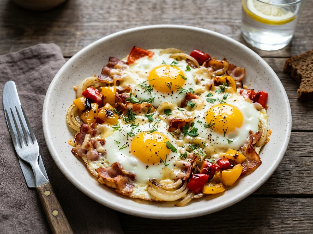 Яичница с беконом, луком и сыром photo