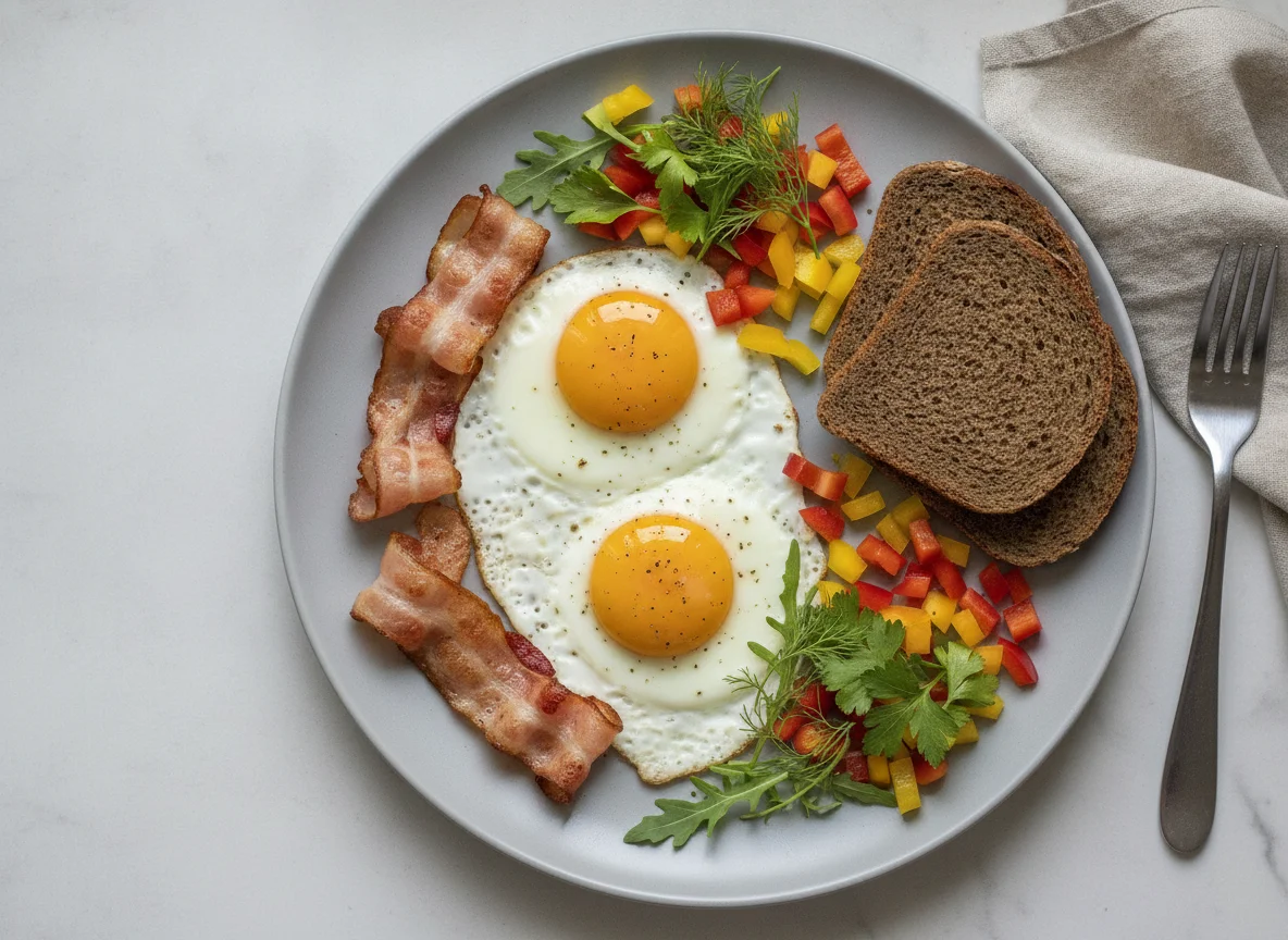 Яичница с беконом, овощами и ржаным хлебом photo