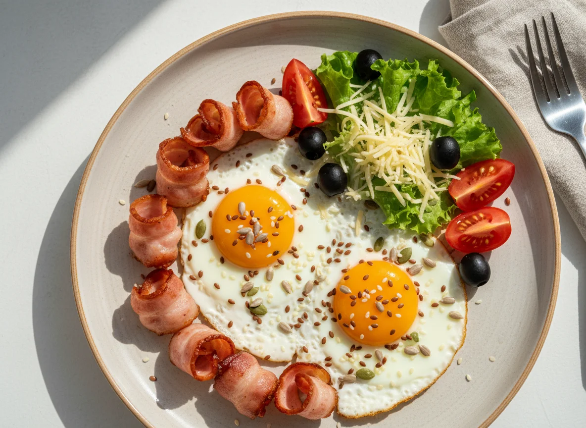 Яичница с беконом, овощами и семенами photo