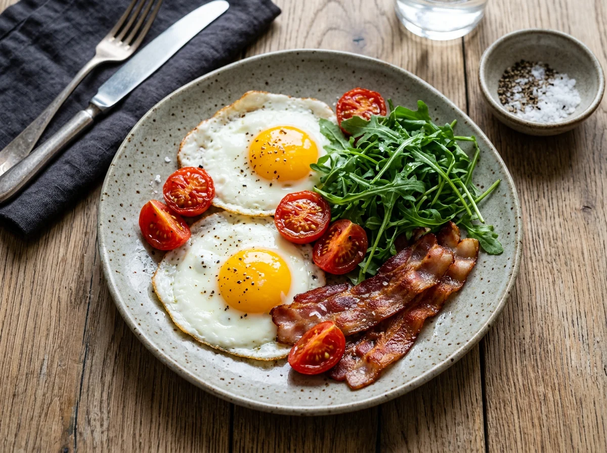 Яичница с беконом, помидорами и рукколой photo