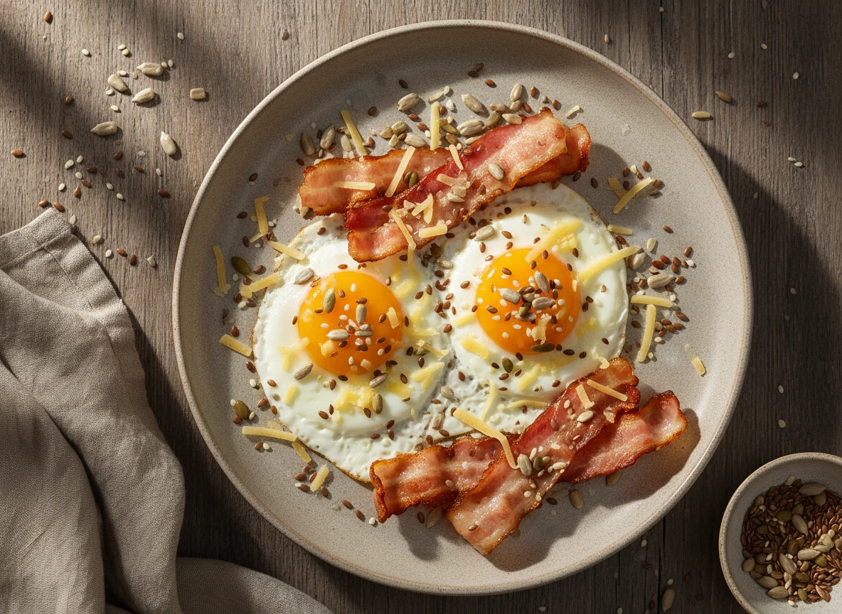 Яичница с беконом, сыром и семенами photo