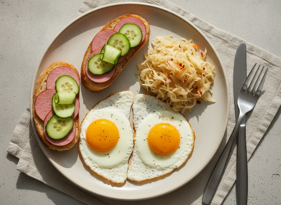Яичница с бутербродами и квашеной капустой photo