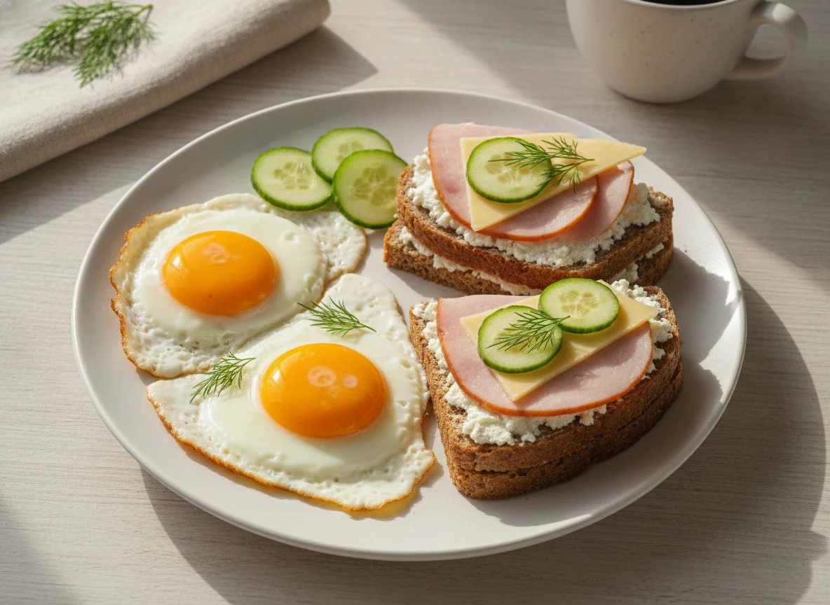 Яичница с бутербродами и огурцом photo