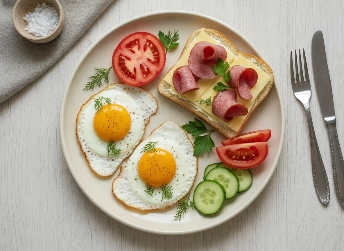 Яичница с бутербродом и овощами photo