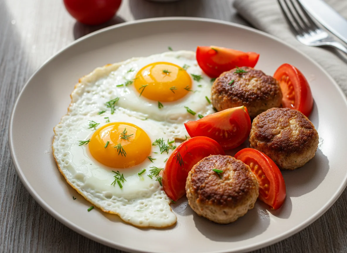 Яичница с фрикадельками и помидорами photo